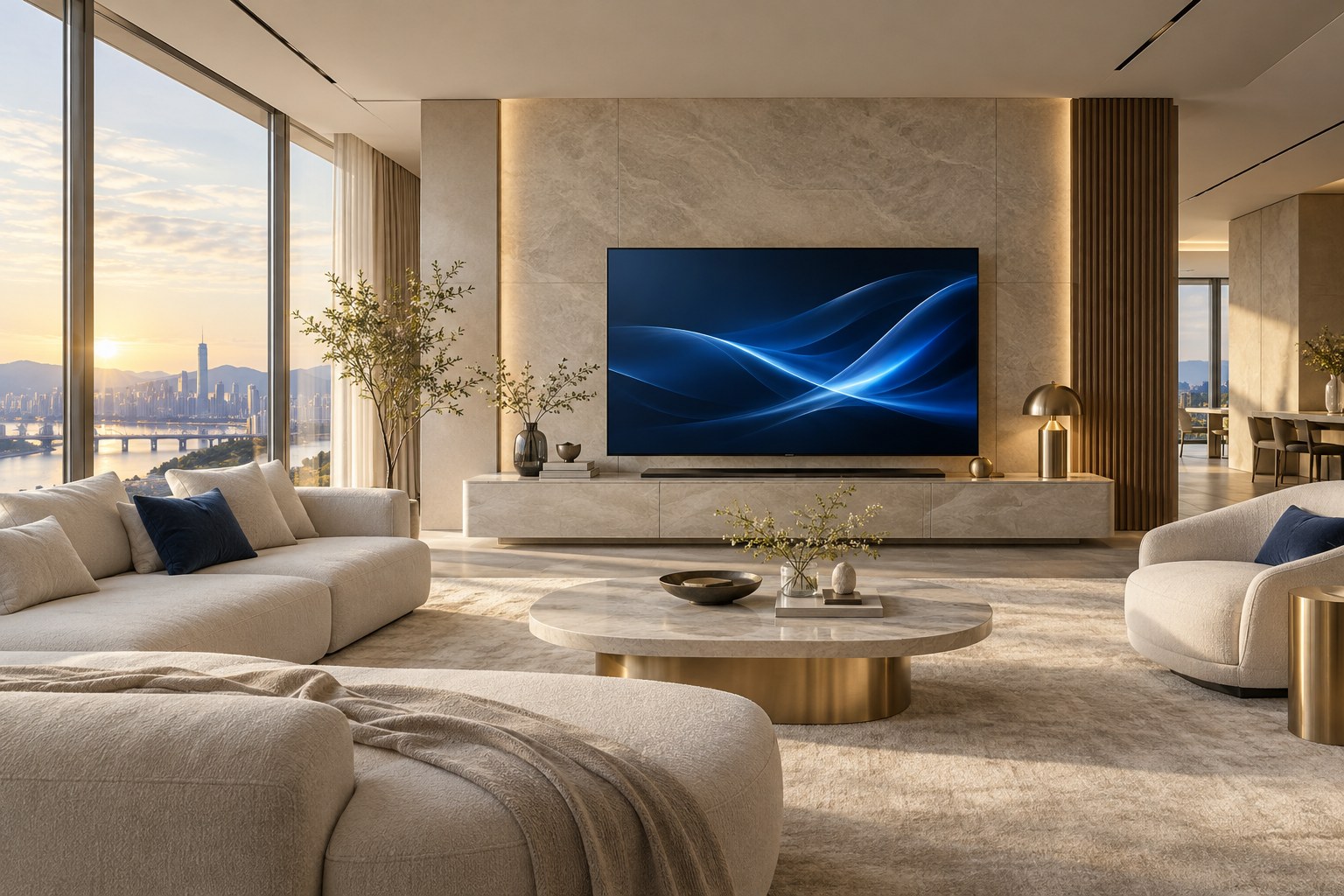 햇살이 드는 프리미엄 거실과 대형 TV